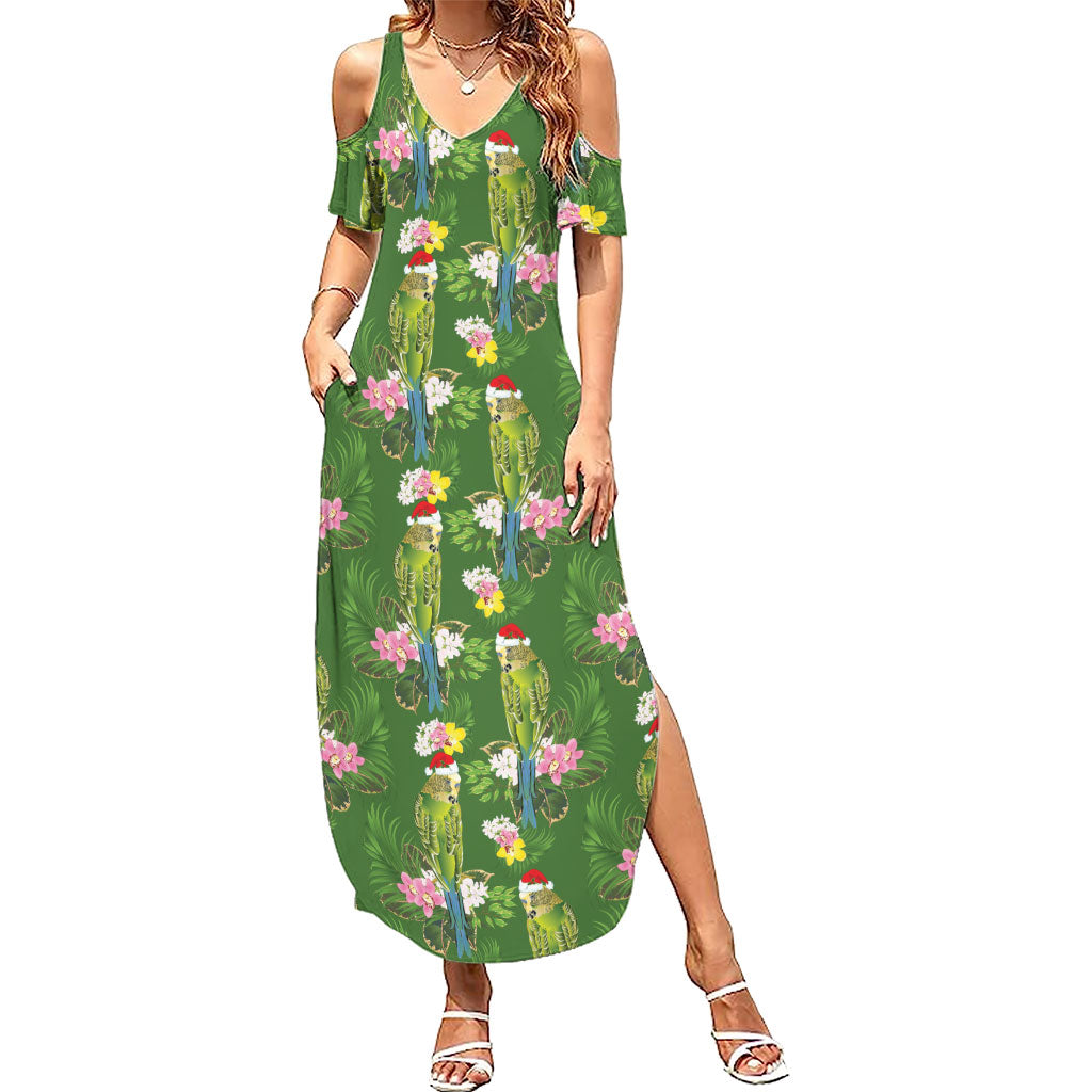 Aussie Santa Budgie Christmas Summer Maxi Dress Green Parakeet Tropical Floral