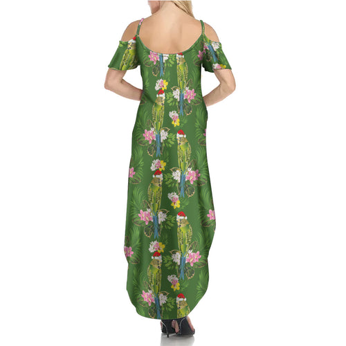 Aussie Santa Budgie Christmas Summer Maxi Dress Green Parakeet Tropical Floral