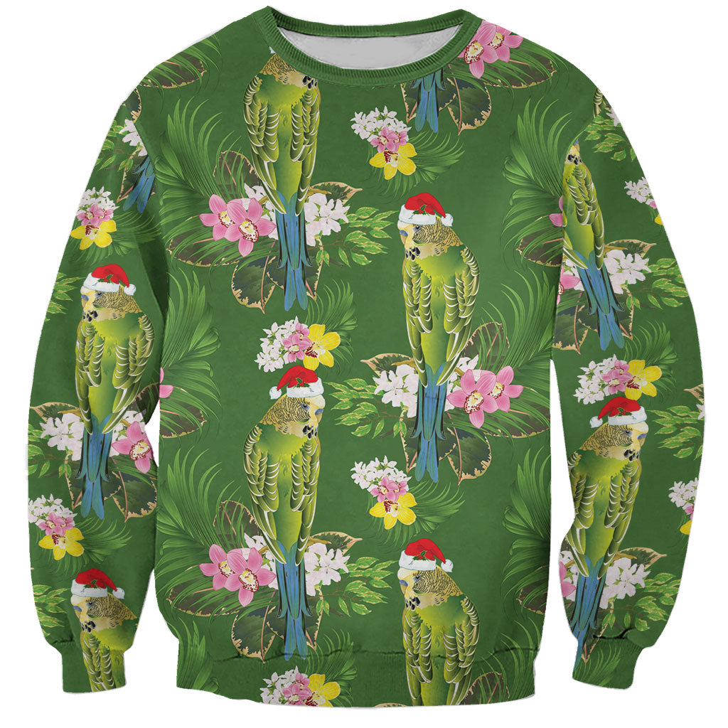 Aussie Santa Budgie Christmas Sweatshirt Green Parakeet Tropical Floral