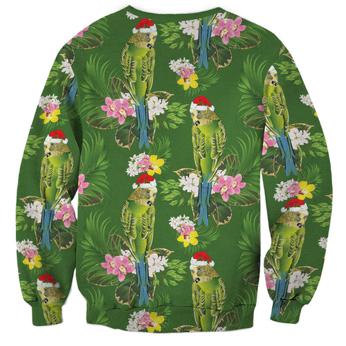 Aussie Santa Budgie Christmas Sweatshirt Green Parakeet Tropical Floral