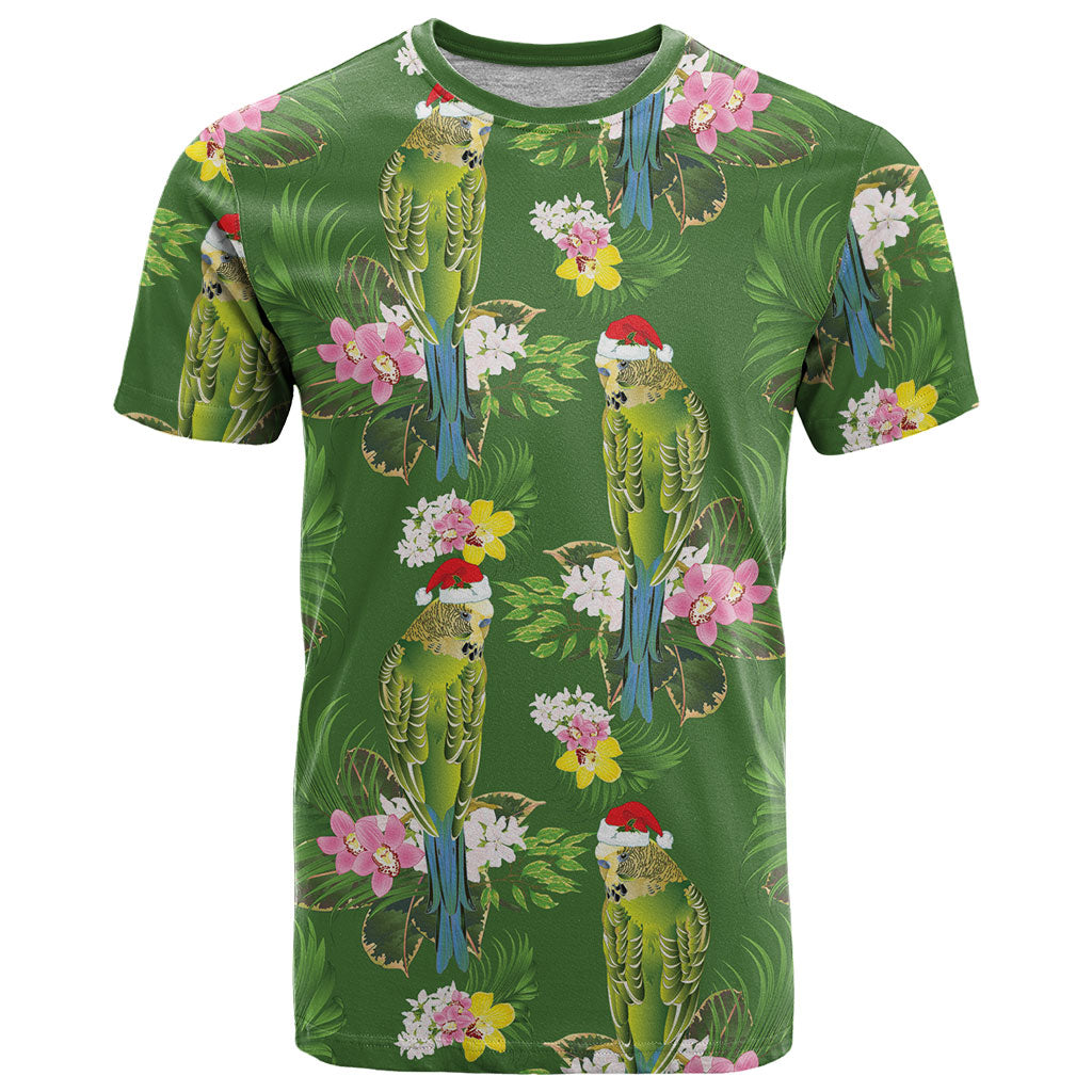 Aussie Santa Budgie Christmas T Shirt Green Parakeet Tropical Floral