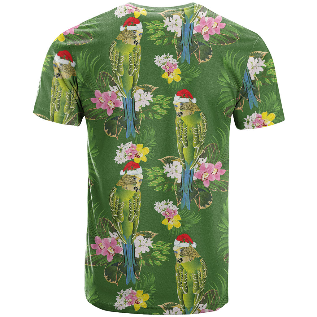 Aussie Santa Budgie Christmas T Shirt Green Parakeet Tropical Floral