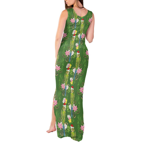 Aussie Santa Budgie Christmas Tank Maxi Dress Green Parakeet Tropical Floral