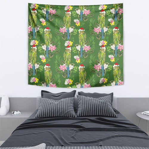 Aussie Santa Budgie Christmas Tapestry Green Parakeet Tropical Floral