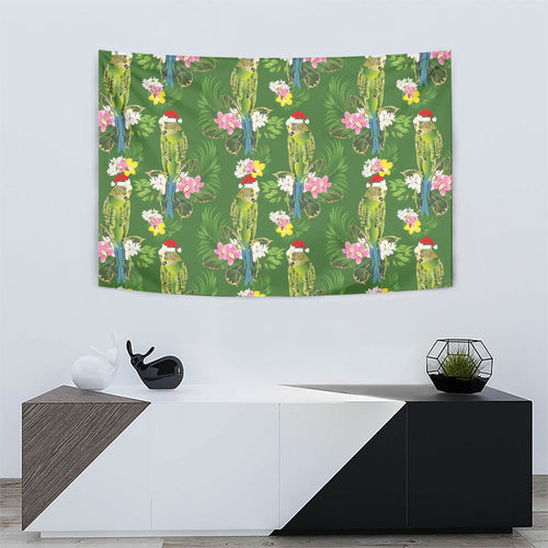 Aussie Santa Budgie Christmas Tapestry Green Parakeet Tropical Floral