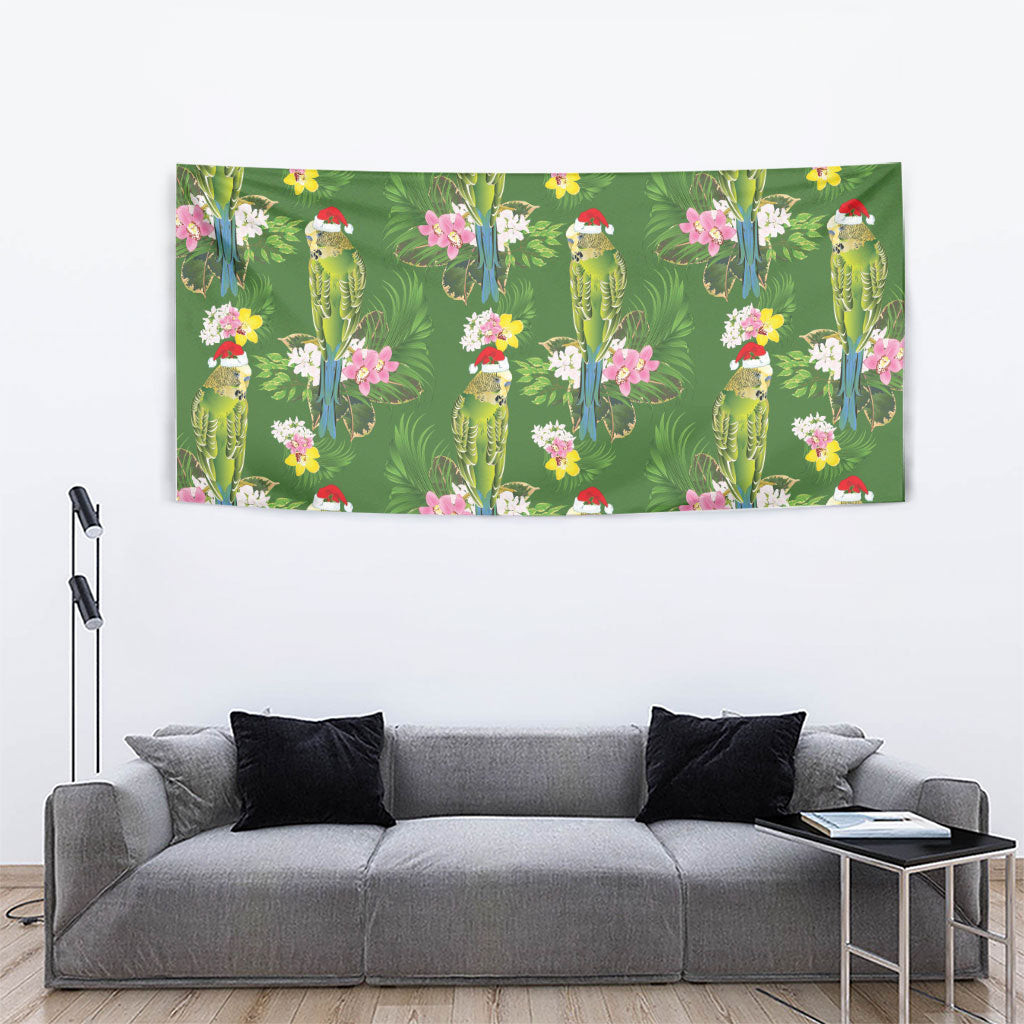 Aussie Santa Budgie Christmas Tapestry Green Parakeet Tropical Floral