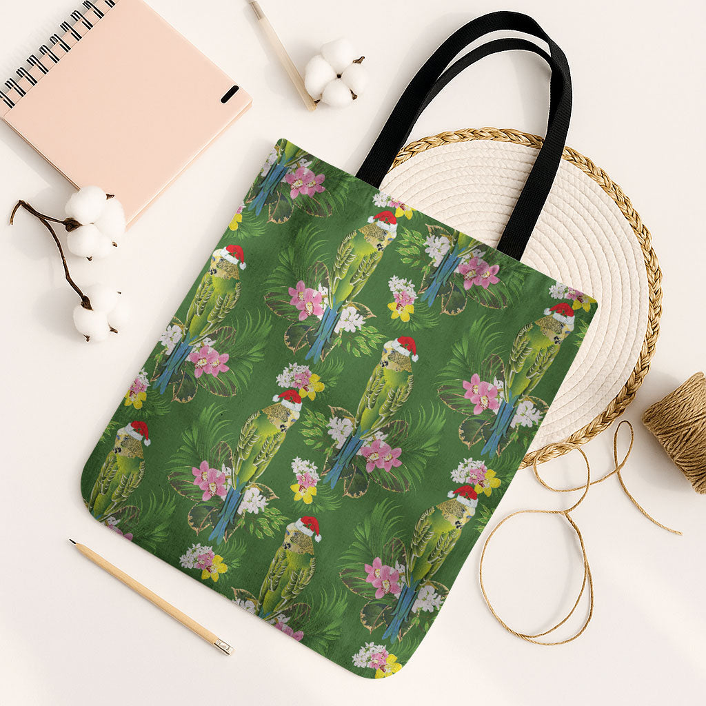 Aussie Santa Budgie Christmas Tote Bag Green Parakeet Tropical Floral