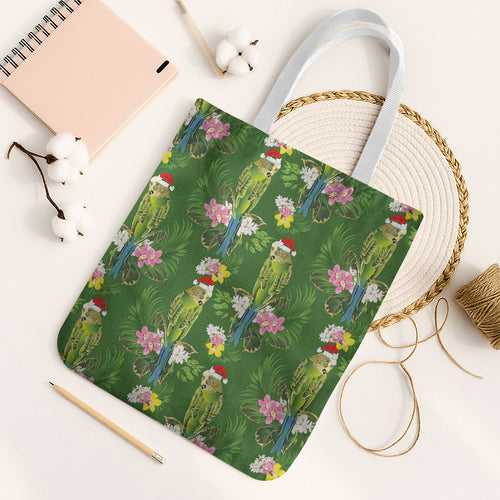 Aussie Santa Budgie Christmas Tote Bag Green Parakeet Tropical Floral