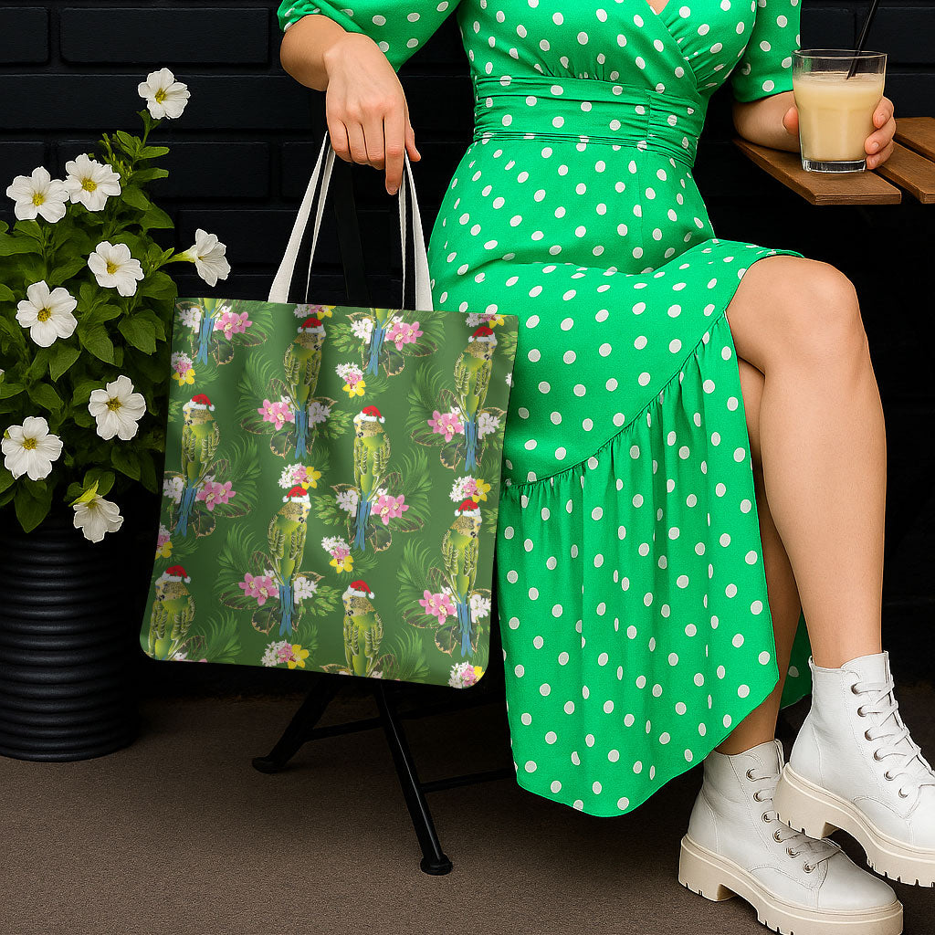 Aussie Santa Budgie Christmas Tote Bag Green Parakeet Tropical Floral