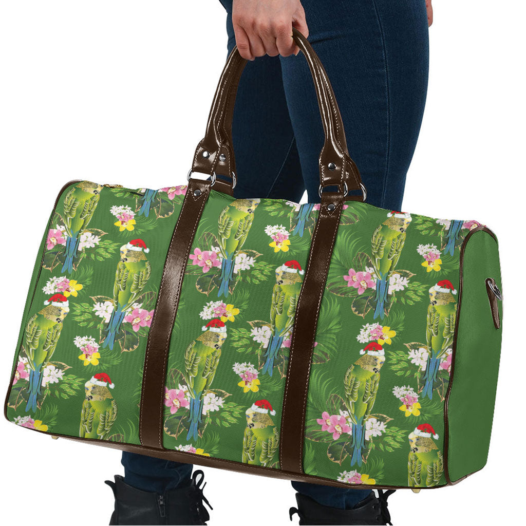 Aussie Santa Budgie Christmas Travel Bag Green Parakeet Tropical Floral