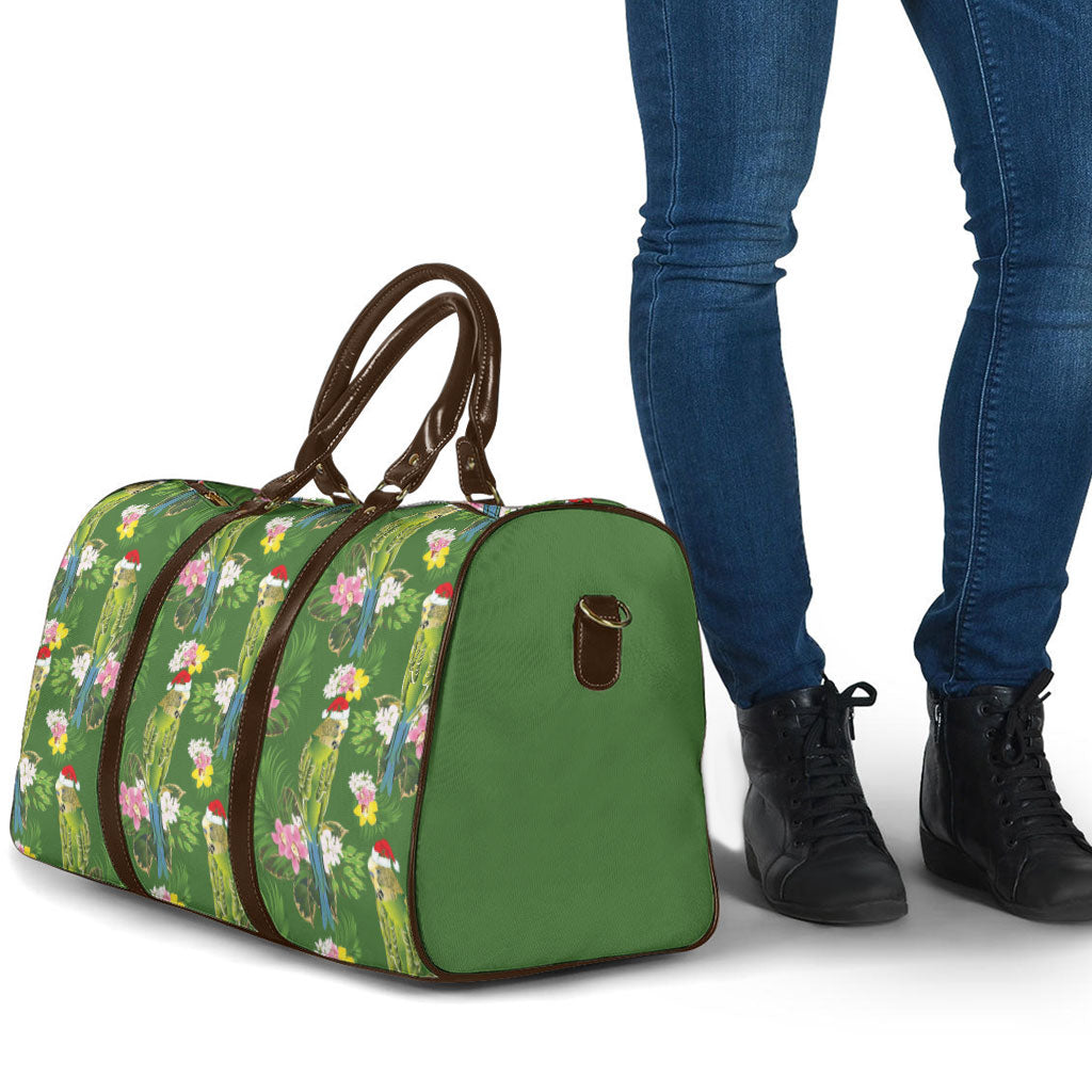 Aussie Santa Budgie Christmas Travel Bag Green Parakeet Tropical Floral