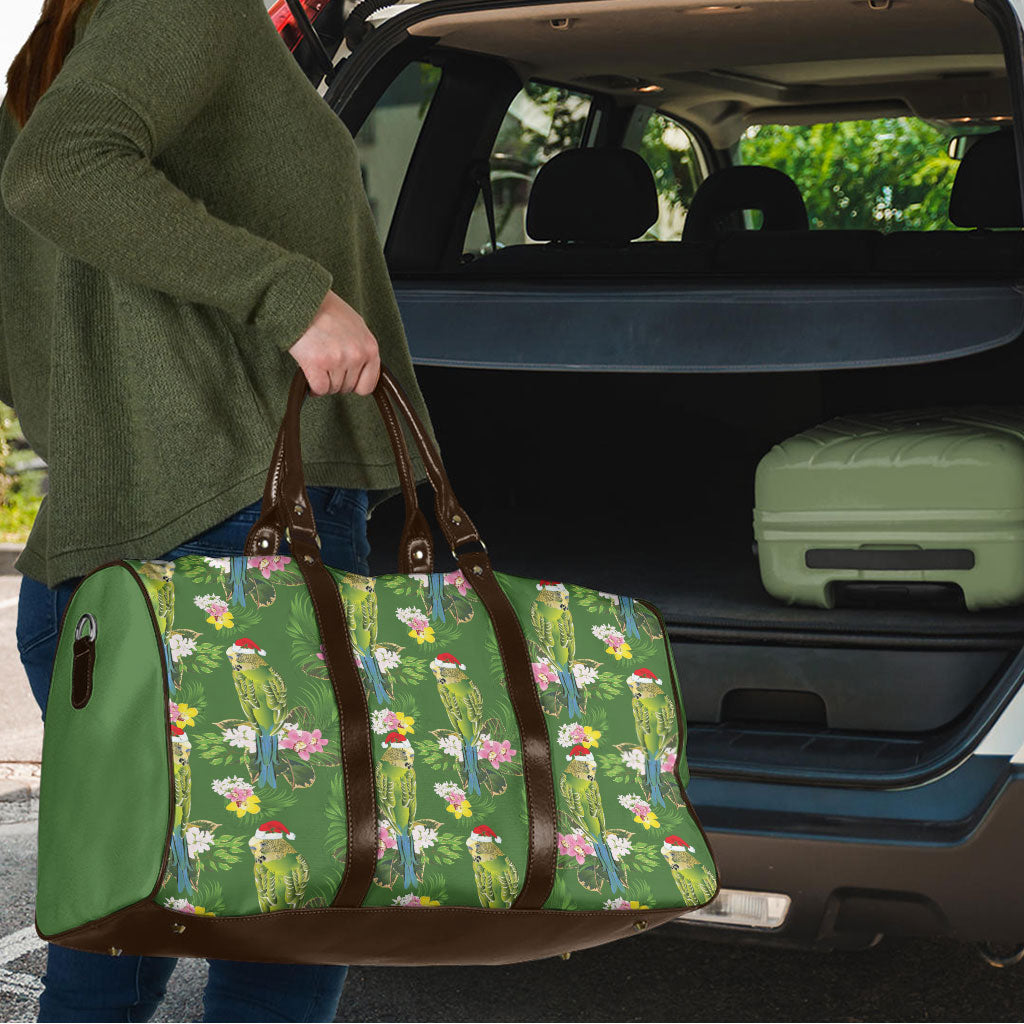 Aussie Santa Budgie Christmas Travel Bag Green Parakeet Tropical Floral