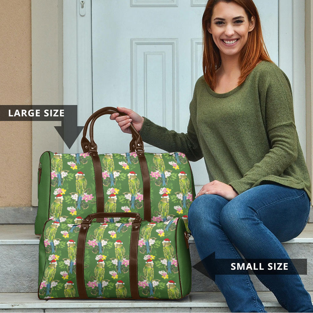 Aussie Santa Budgie Christmas Travel Bag Green Parakeet Tropical Floral