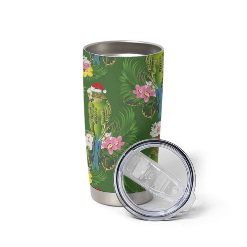 Aussie Santa Budgie Christmas Tumbler Cup Green Parakeet Tropical Floral