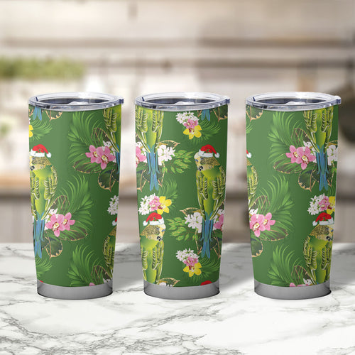Aussie Santa Budgie Christmas Tumbler Cup Green Parakeet Tropical Floral
