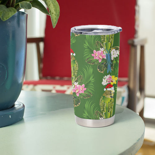 Aussie Santa Budgie Christmas Tumbler Cup Green Parakeet Tropical Floral