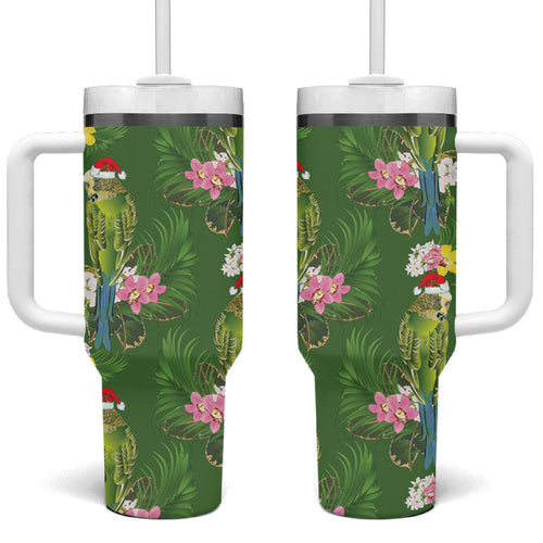 Aussie Santa Budgie Christmas Tumbler With Handle Green Parakeet Tropical Floral