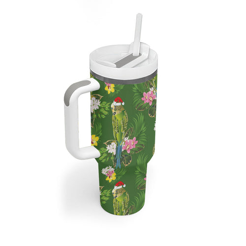 Aussie Santa Budgie Christmas Tumbler With Handle Green Parakeet Tropical Floral