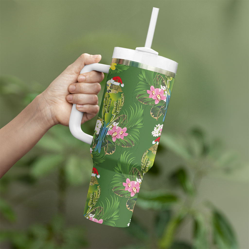 Aussie Santa Budgie Christmas Tumbler With Handle Green Parakeet Tropical Floral