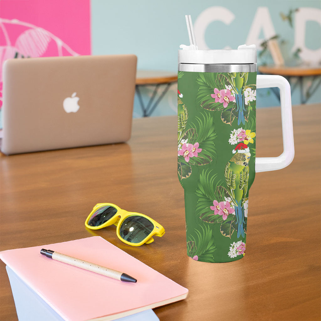 Aussie Santa Budgie Christmas Tumbler With Handle Green Parakeet Tropical Floral