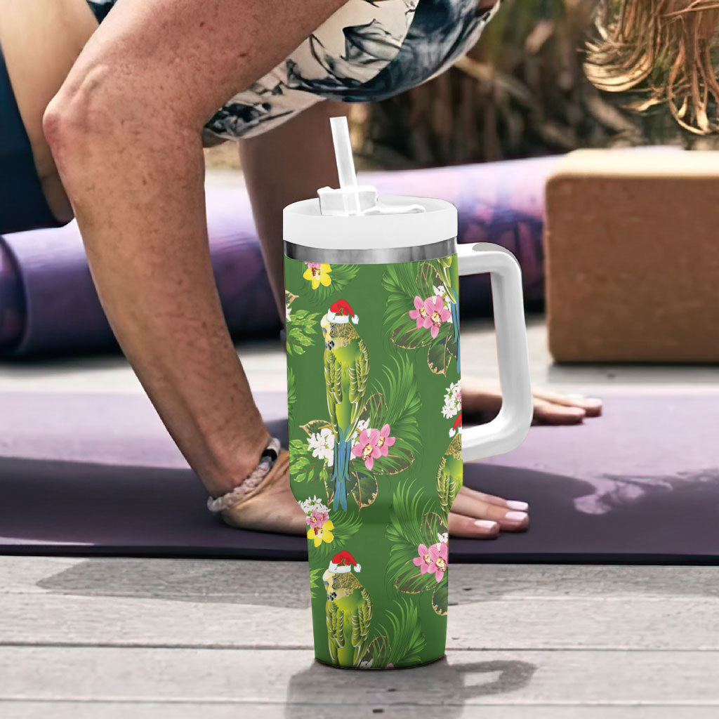 Aussie Santa Budgie Christmas Tumbler With Handle Green Parakeet Tropical Floral