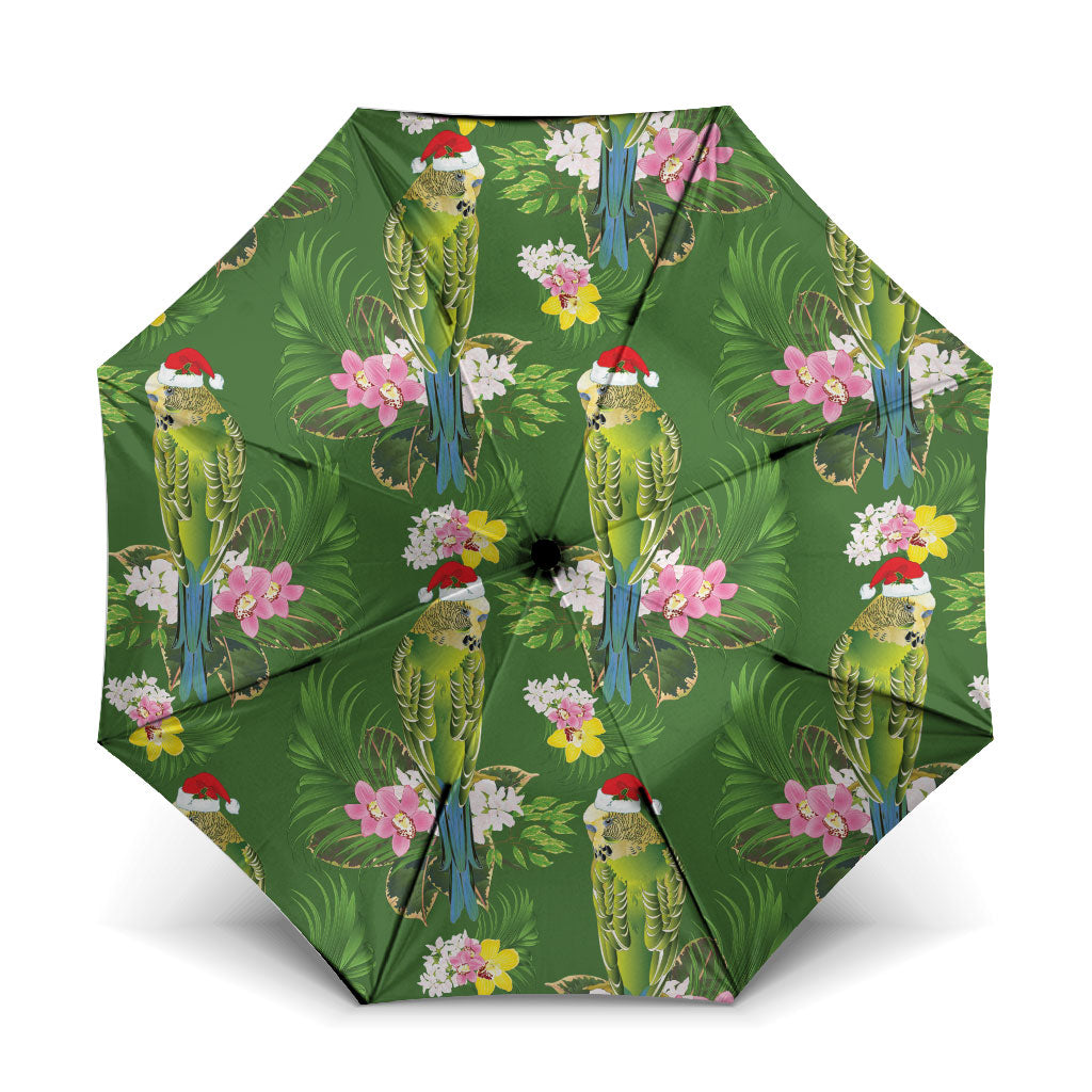 Aussie Santa Budgie Christmas Umbrella Green Parakeet Tropical Floral