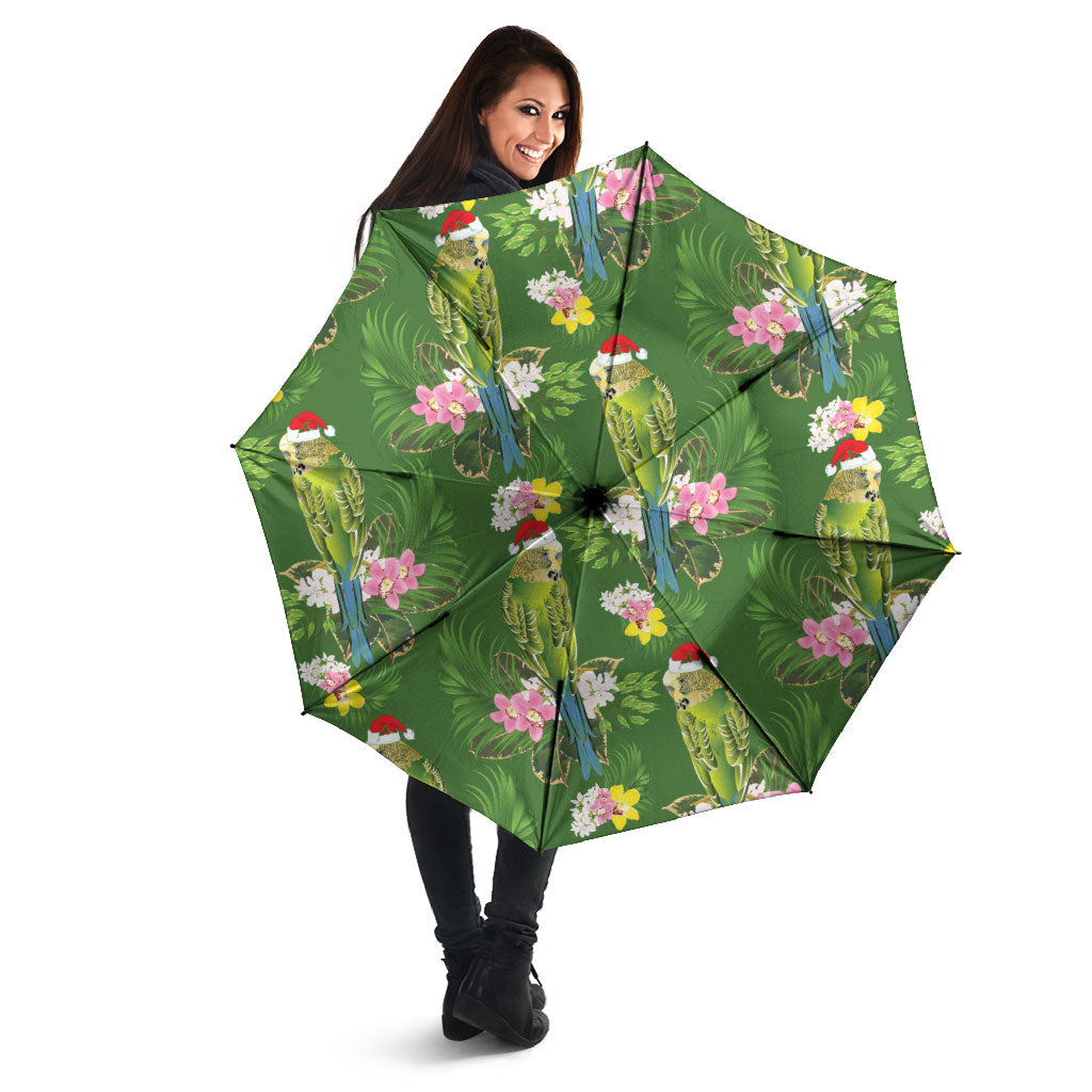 Aussie Santa Budgie Christmas Umbrella Green Parakeet Tropical Floral