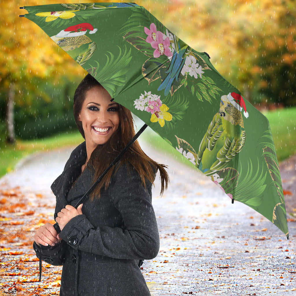 Aussie Santa Budgie Christmas Umbrella Green Parakeet Tropical Floral