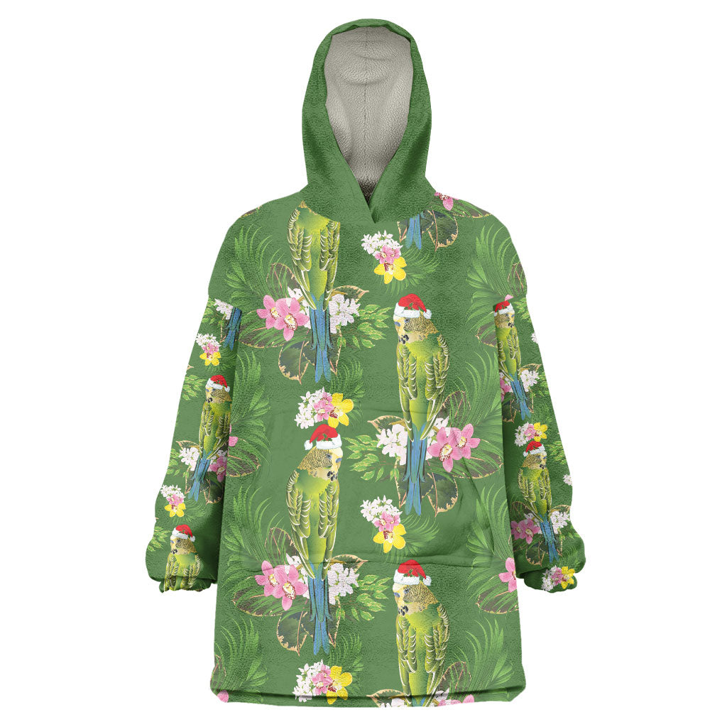 Aussie Santa Budgie Christmas Wearable Blanket Hoodie Green Parakeet Tropical Floral