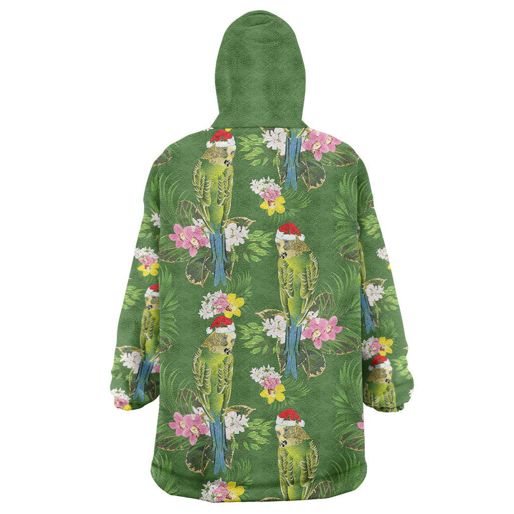 Aussie Santa Budgie Christmas Wearable Blanket Hoodie Green Parakeet Tropical Floral
