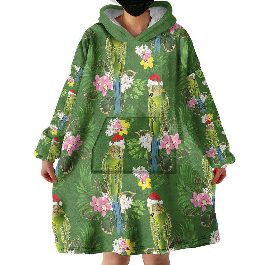 Aussie Santa Budgie Christmas Wearable Blanket Hoodie Green Parakeet Tropical Floral
