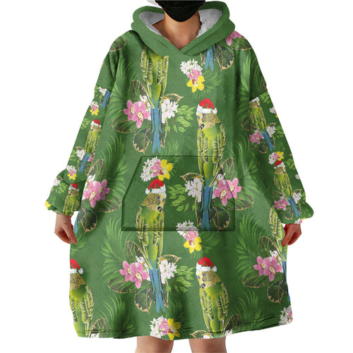 Aussie Santa Budgie Christmas Wearable Blanket Hoodie Green Parakeet Tropical Floral