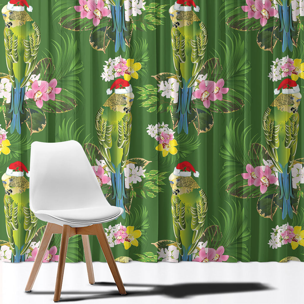 Aussie Santa Budgie Christmas Window Curtain Green Parakeet Tropical Floral