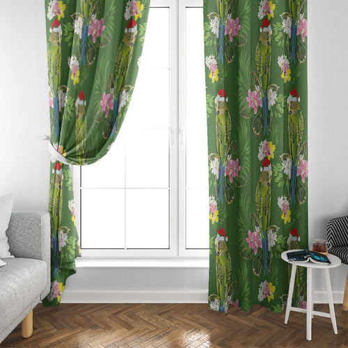 Aussie Santa Budgie Christmas Window Curtain Green Parakeet Tropical Floral