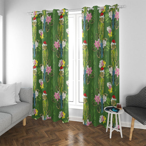 Aussie Santa Budgie Christmas Window Curtain Green Parakeet Tropical Floral