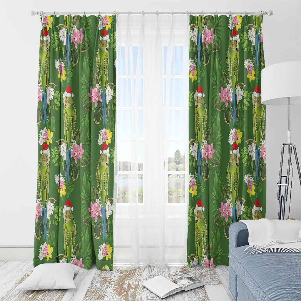 Aussie Santa Budgie Christmas Window Curtain Green Parakeet Tropical Floral