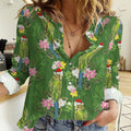 Aussie Santa Budgie Christmas Women Casual Shirt Green Parakeet Tropical Floral