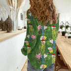 Aussie Santa Budgie Christmas Women Casual Shirt Green Parakeet Tropical Floral