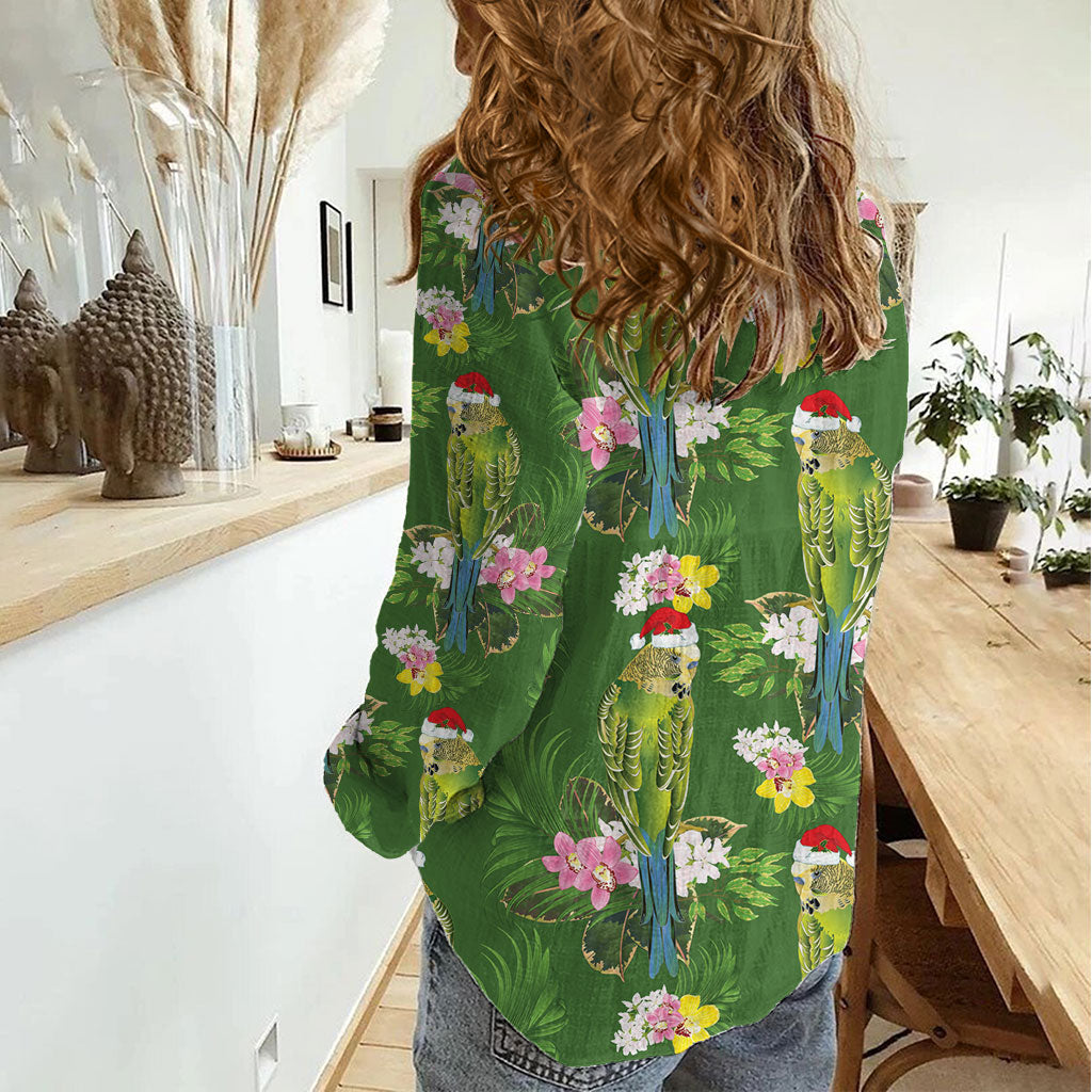 Aussie Santa Budgie Christmas Women Casual Shirt Green Parakeet Tropical Floral