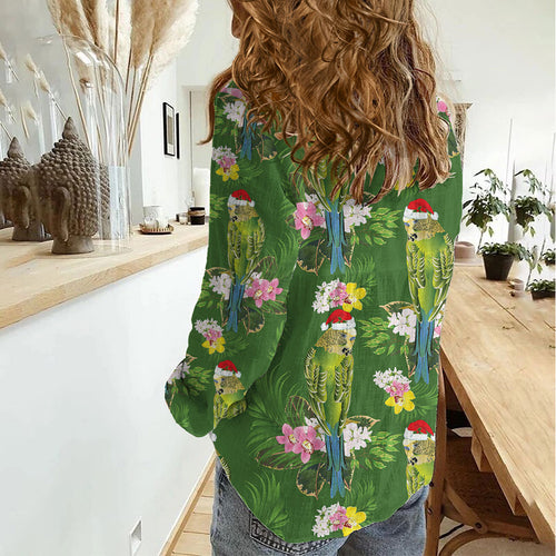 Aussie Santa Budgie Christmas Women Casual Shirt Green Parakeet Tropical Floral