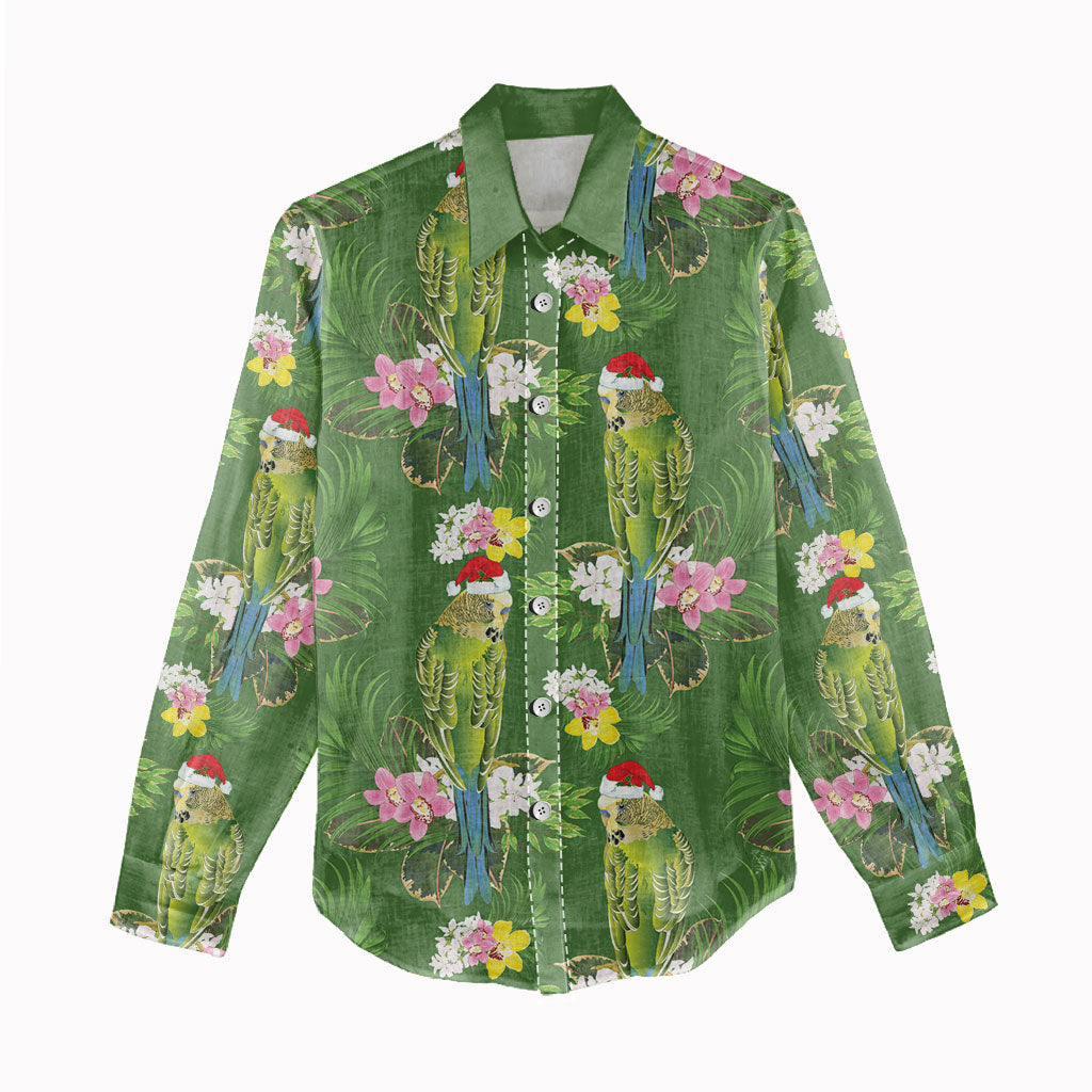 Aussie Santa Budgie Christmas Women Casual Shirt Green Parakeet Tropical Floral