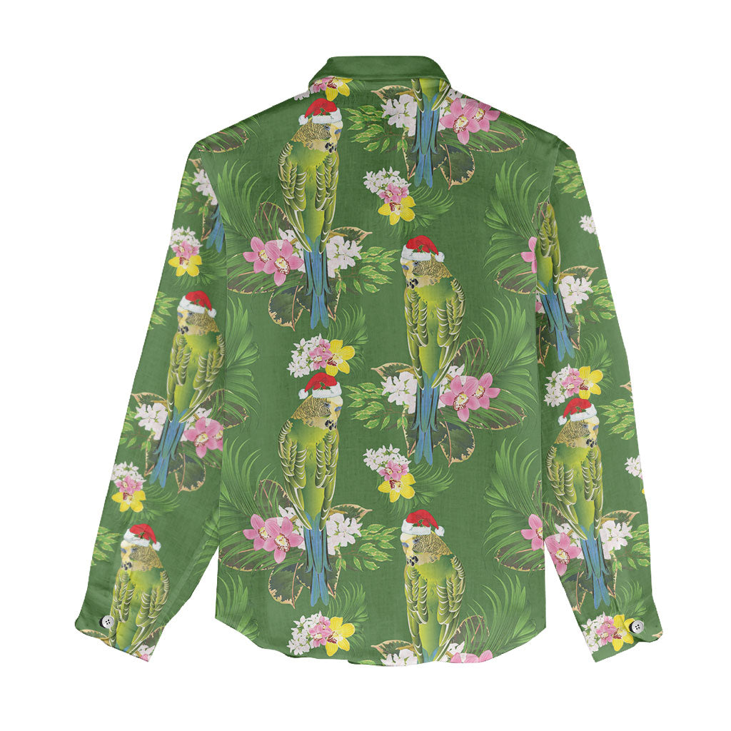 Aussie Santa Budgie Christmas Women Casual Shirt Green Parakeet Tropical Floral