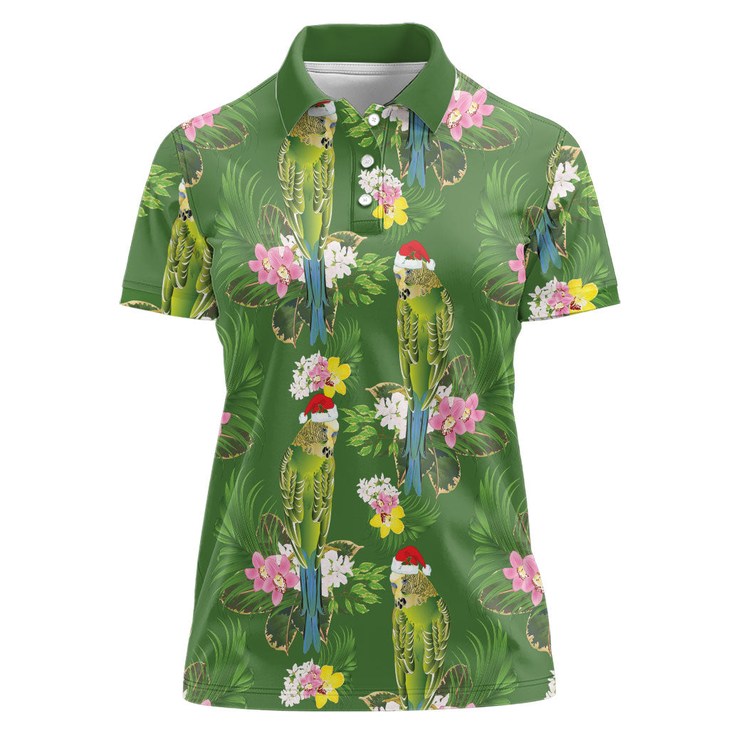 Aussie Santa Budgie Christmas Women Polo Shirt Green Parakeet Tropical Floral
