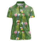 Aussie Santa Budgie Christmas Women Polo Shirt Green Parakeet Tropical Floral