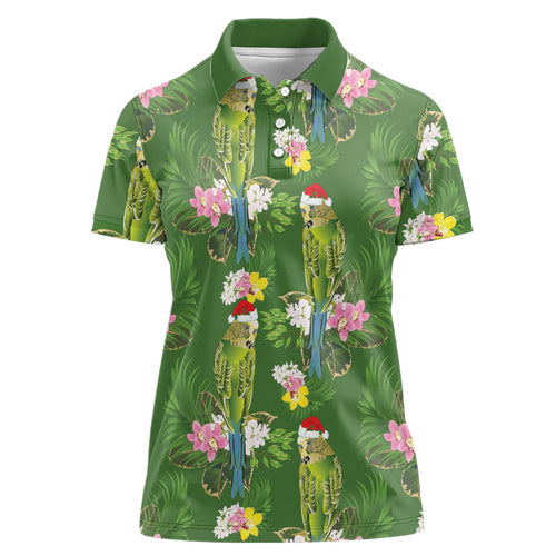Aussie Santa Budgie Christmas Women Polo Shirt Green Parakeet Tropical Floral