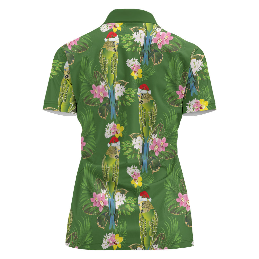 Aussie Santa Budgie Christmas Women Polo Shirt Green Parakeet Tropical Floral