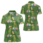 Aussie Santa Budgie Christmas Women Polo Shirt Green Parakeet Tropical Floral
