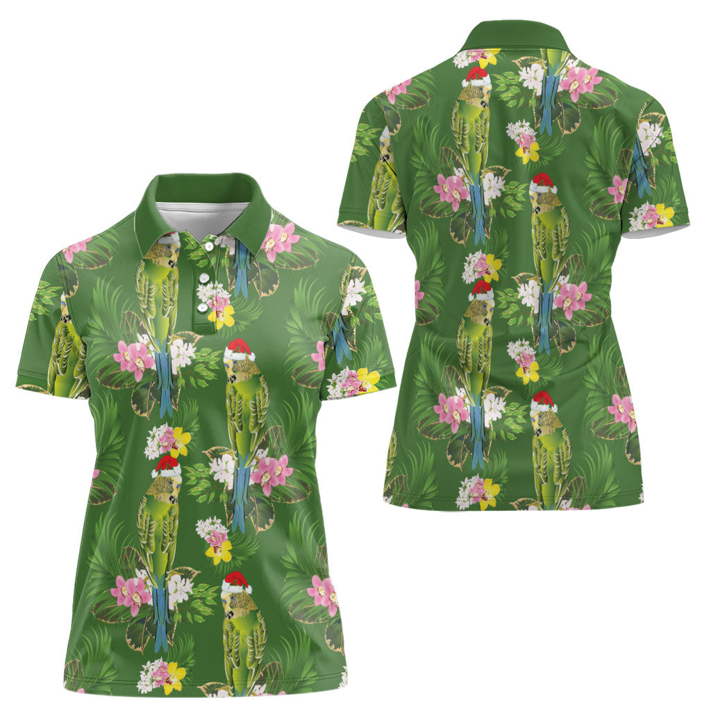 Aussie Santa Budgie Christmas Women Polo Shirt Green Parakeet Tropical Floral