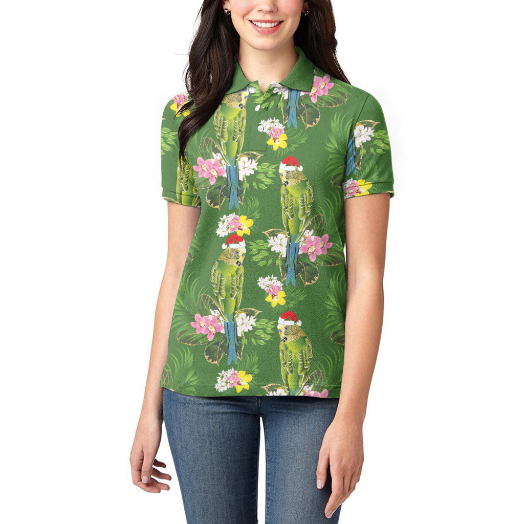 Aussie Santa Budgie Christmas Women Polo Shirt Green Parakeet Tropical Floral