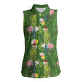 Aussie Santa Budgie Christmas Women Sleeveless Polo Shirt Green Parakeet Tropical Floral